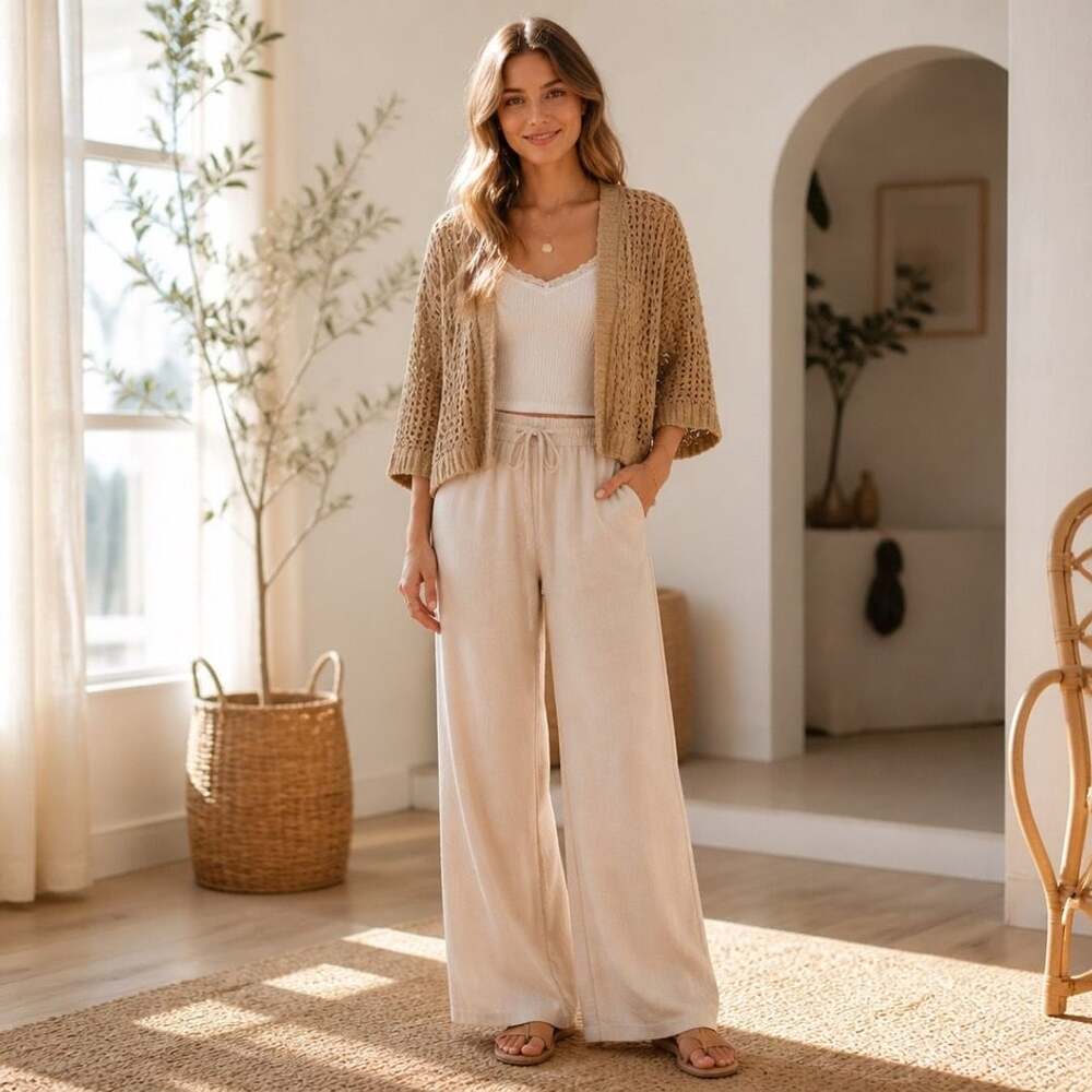 Cable & Gauge Women's Tan Open Front Crochet Knit 3/4 Sleeve Bolero Cardigan